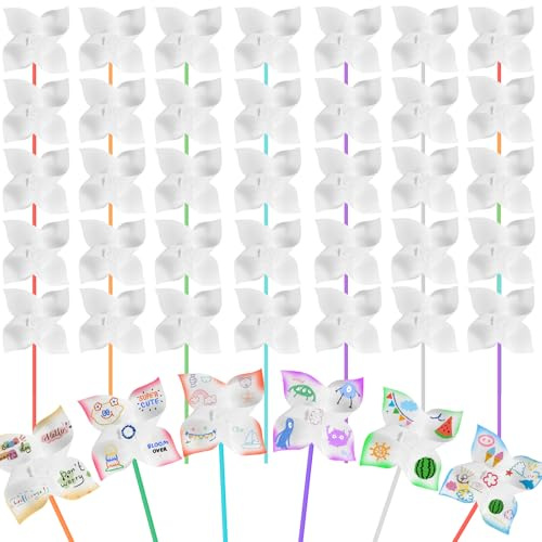 GOLDEROC 50 Pack DIY Pinwheel Craft Kit, Arts and Crafts for Kids Age 3-8, Color Your Own Windmill with Sticks, Creative Classroom Supplies, Birthday Party Favors and Learning Gifts for Children