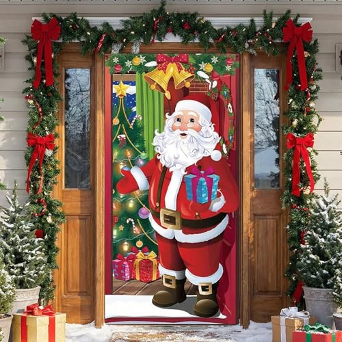 Weihnachten Tür Abdeckung Dekoration, Roter Weihnachtsmann Hängen Banner, Weihnachtsbanner als Hintergrund für Outdoor Indoor Haus Haustür Veranda, Weihnachten Deko für Feiertag Party, 90x180 cm