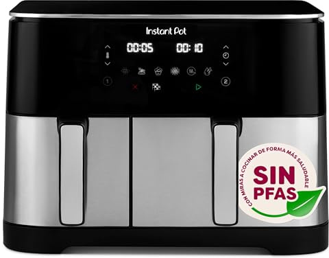 Instant Pot Vortex Dual Freidora de aire caliente 11L sin PFAS, grande, dos cestas, 7L+4L, 8 en 1: deshidratación, asado, horneado, recalentamiento, revestimiento antiadherente - acero inoxidable.