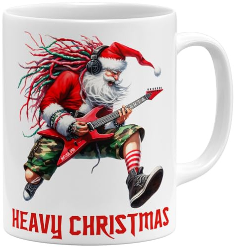 OM3® Heavy Christmas Kaffee-Tasse Lustige Weihnachtstasse für Rocker & Heavy Metal Fans - Weihnachtsmann mit Gitarre - Keramik Becher - 325ml - Beidseitig Bedruckt - Weiss