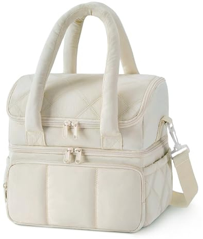 Nanxson Bolso Térmico de Doble Compartimento para Mujer Fiambrera Reutilizable con Correa Ajustable Para el Trabajo, Picnic, Viajes y Exteriores (10.9L,Beige) | Bolsa térmica pequeña, fiambrera de doble capa, bolsa grande a prueba de fugas para el almuerzo, ideal para picnics y viajes