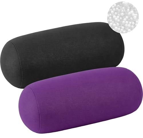 Xaztr 2 Pcs Microbead Roll Pillow, Neck Support Cylindrical Pillow Soft Bolster Micro Bead Pillows for Sleeping Home Travel Neck Head Back Support, 30x16cm (Purple, Black)