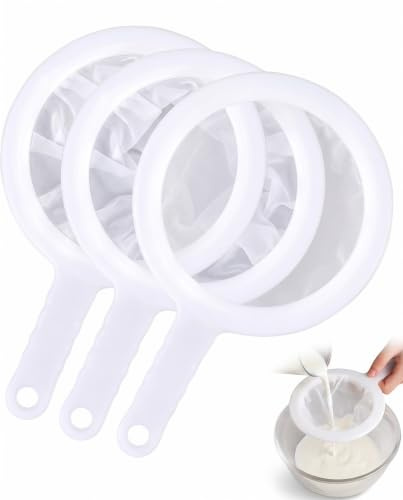 YIPFEN Set de 3 Coladores Plástico de Nailon, Mallas 200/300/400 Ojos, Asas Reforzadas para Kefir y Yogur Griego, Filtrado Exacto sin Pérdidas Ni Residuos