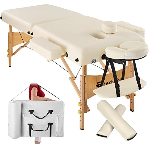 TecTake® Set Lettino Massaggio a 2 Zone con Rulli, Lettino Massaggio Portatile con Imbottitura 7,5 cm, Lettino Pieghevole con Braccioli, Poggiatesta Ergonomico, Poggiabraccio, Borsa Inclusa - Beige