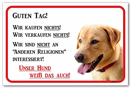 AdriLeo Schild - Vorsicht blonder Labrador Retriever - Wir kaufen nichts - (20x30cm) / Achtung Hund Wachhund robust langlebig UV-beständig wetterfestes Warnschild (beige/gelb)