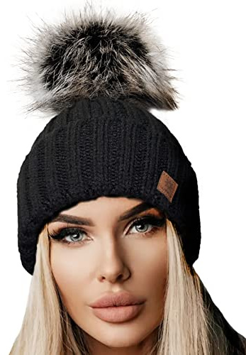 4sold Damen Winter Strickmütze – warme Beanie mit Kunstfell-Bommel – handgefertigt in Polen, italienisches Acryl, weich & atmungsaktiv, viele Farben, One Size
