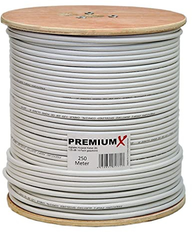 Premium X 250m Basic Koaxialkabel 135dB 4-Fach CCS Kupfer-Stahl Satelliten Koaxkabel Antennenkabel SAT TV Koax Kabel RG-6 Class A
