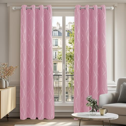 Deconovo Verdunkelungsgardinen mit Ösen Blickdichte Vorhänge Kinderzimmer Winter Gardinen für Mädchen, 175x140 cm(HöhexBreite), Rosa, 2er Set
