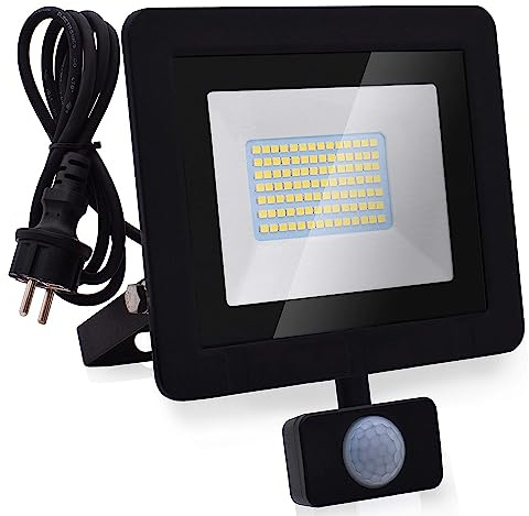 Lumare 50W LED Strahler mit Bewegungsmelder und Stecker | Außen- und Innenlampe LED | IP65, 5000lm | Mini-Flutlichtlampe | Ersetzt ca. 350W Glühlampen | In 3000K Warmweiß