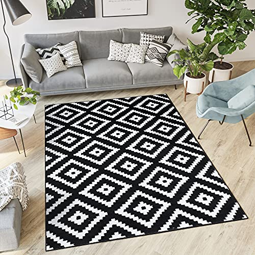TAPISO Luxury Teppich Kurzflor Schwarz Weiß Modern Geometrisch Marokkanisch Gitter Karo Diamant Design Schlafzimmer Wohnzimmer ÖKOTEX 120 x 170 cm