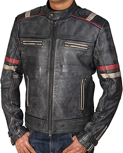 Hafsah Veste de moto vintage rétro en cuir véritable pour homme | Veste de moto en cuir vieilli Cafe Racer, Retro-2., L