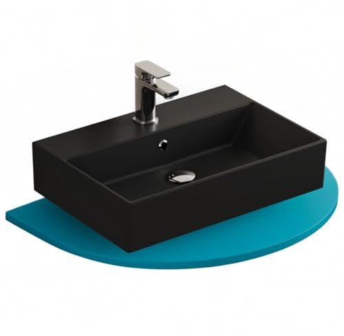 Aqua Bagno Waschtisch 70 cm rechteckig Keramik schwarz Matt, Waschbecken | mit Hahnloch und Überlauf, modernes Design fürs Badezimmer, wandhängend , pflegeleichte Oberfläche