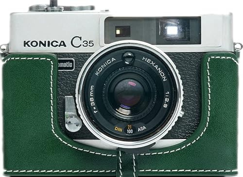 Kameratasche für Konica C35 / C35 (handgefertigt, echtes Leder, mit Handschlaufe) Grün