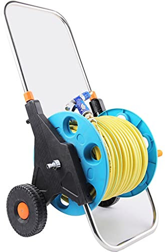Samnuerly Rollwagen für Gartenschläuche, tragbares Lagerregal für Gartenschläuche mit Rollen, Wagen für Haushaltswandreinigungsschläuche, Teleskopstange (Color : Blue, Size : +DN15 30m Yellow Pipe)