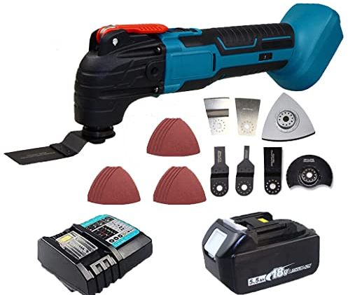 Akku-Multifunktionswerkzeug, Ersatz für Makita mit 1x5500mAh Akku und Ladegerät, 22 tlg Zubehör Variable Geschwindigkeit und 4° Oszillationswinkel mit Bürstenmotor Oszillierend