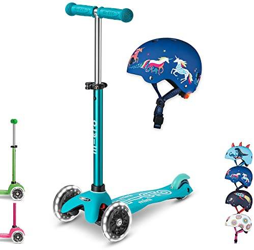 mini micro™ Deluxe LED | Das ORIGINAL | Kinder Roller ab 2 Jahren | inkl. zertifiziertem Helm | Kinderroller von 2-5 Jahre | Kickboard Scooter | 2 3 4 5 Jahre (Roller: Aqua/Helm: Unicorn, S)