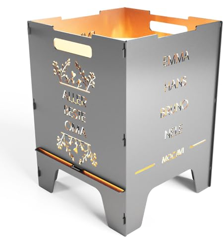 MOCAVI Edelstahl Feuerkorb Beste 52 cm | 3 mm V2A personalisiert Design-Feuertonne für Garten, Terrasse und Balkon Feuerschale Feuersäule massiv sicher quadratisch Feuerstelle Outdoor hitzefest