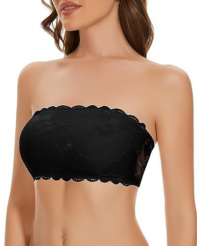 WOWENY Sujetador sin Tirantes Las Sujetador para Mujer Bandeau Top Invisible con Transparentes Relleno sin Aros Negro L