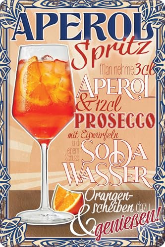 30 x 20 cm - Retro Blechschild, Bar Schild, Cocktail Rezept, Summer Feeling - Aperol Spritz - Prosecco (Rezept bunt)
