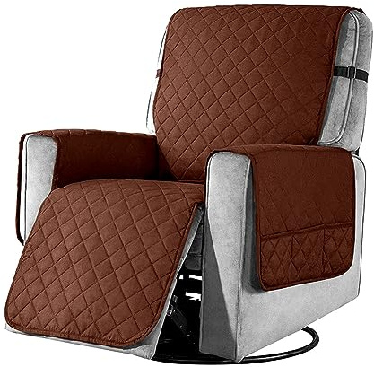 Recliner Chair Cover Pad with 6 Side Pockets, Reclining Chair Adjustable Soft Non-slip Buckles Protective Armchair Sofa Cushion Furniture Protector for Home with Children and Pets Dog (Small, Brown)