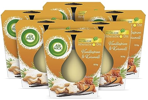 Air Wick Wohlfühl-Duftkerze im Glas – Duft: Vanillesterne und Karamell – Je bis zu 20 Stunden Brenndauer – Enthält natürliche ätherische Öle – 6 x 105 g Duftkerzenset