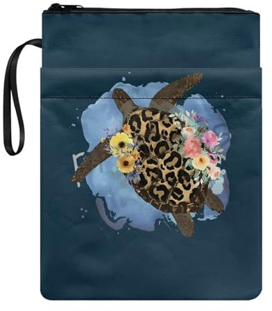 Poceacles Leopard Schildkröte Blumen Buchhülle Taschenbuch/Hardcover Buch Tragetasche Tasche Buch Cover für Buchliebhaber Buchschutz Reißverschluss Aufbewahrungstasche Book Sack mit Fronttasche