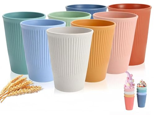 WANBY Wheat Straw Cups 8 Pcs 12 Oz Striped Drinking Cup Tumbler Set
