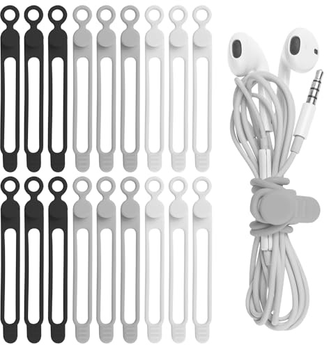 Nearockle 18 Stück Silikon Kabelbinder Wiederverschließbar 10.7cm | Kabel Organizer Kabelmanagement für Handy Ladegerät, Wiederverwendbare Cable Organizer für Zuhause, Büro (Weiß+Schwarz+Grau)