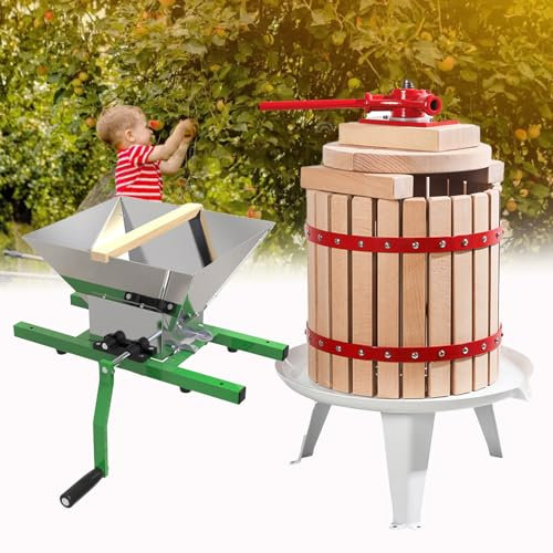 WDDEYYDS Fruit Wine Press and Fruit Crusher Manual Juice Maker Solid Wood Basket with 6 Blocks Nature Apple Grape Berries Wine Cider Grinder for Outdoor Kitchen and Home,12LA+7LB