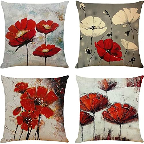 Kissenbezug 40x40 4er Set Kissenbezüge Rot Kunst Blume Dekokissen Modern Sofakissen Leinen Kissenhülle Deko Kissen Aesthetic Couchkissen Kuschelkissen für Sofa Wohnzimmer Zierkissen
