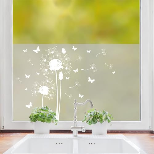 Wandtattoo Loft Sichtschutzfolie Pusteblume Schmetterlinge Fensterfolie Fensterdeko Milchglasfolie, 55 cm hoch, 90 cm breit