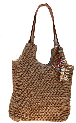 Bolso Mujer De Paja Rafia Para Verano Playa, Capazo De Esparto Mimbre Hecho a Mano, Cesta Totte de Hombro Grande Bandolera Estilo Étnico Bohemio Con Decoraciones