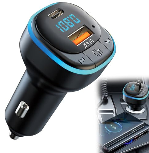 Bluetooth FM Transmitter 5.0 Auto Radio Adapter mit Ports 3.1A USB+Type C, Bluetooth Transmitter Zigarettenanzünder mit Freisprechen Car, LED Display, Unterstützung USB-Disk