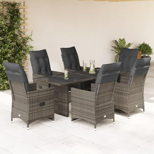 IKAYAA Rattan gartenmöbel Set 6 Personen Garten Essgruppe 6 Personen Gartenstuhl Verstellbar Gartenmöbel Set 6 Personen Gartentisch mit Stuehlen Sitzgarnitur Gartengarnitur-Grau-7-tlg