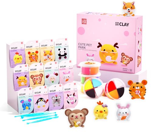 LOUFOR Modelliermasse Lufttrocknend - Lufttrocknender Ton Set, Ultraleichter & Soft, Sicher & Ungiftig, 12 Kisten DIY Magische Knete mit Werkzeugen, Kreative Basteln Spielzeug Geschenke für Kinder