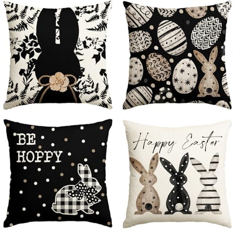 Artoid Mode Schwarz Tupfen Hasen Blätter Ostereier Ostern Kissenbezüge 4er Set, 45x45 cm Easter Zierkissenbezug Cushion Cover Couch Wohnzimmer Deko