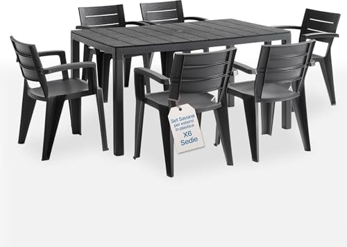 Tomaino - Set Savana Tavolo da Giardino con Sedie - Tavolo da Esterno Allungabile con 6 Sedie in Plastica - Set da Esterno per Giardino, Balcone, Veranda Nero