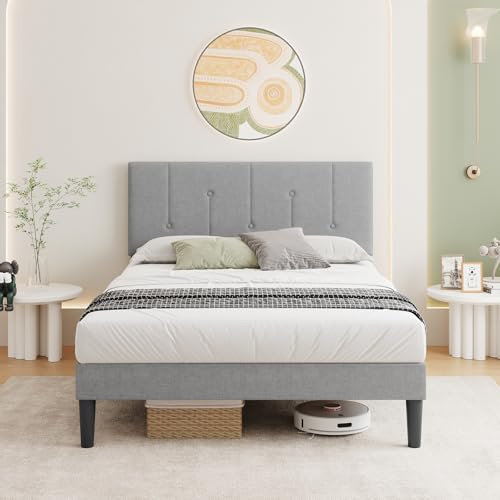 Vesgantti 4FT6 Double Bed Frame & Adjustable Headboard,Easy Assembly | Solid Wooden Slats & Upholstered Platform, No Box Spring Needed, Under Bed Storage, 135 x 190 cm, Light Grey