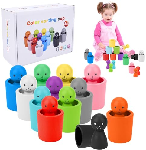 Dandin Colour Sorting Cups, 12Pcs Peg Dolls In Cups Colour Sorting Toys for Toddlers, Wooden Stacking Cup, Color Matching Toys, Color Sortings Montessori Sensory Toy, Color Recognition Playset