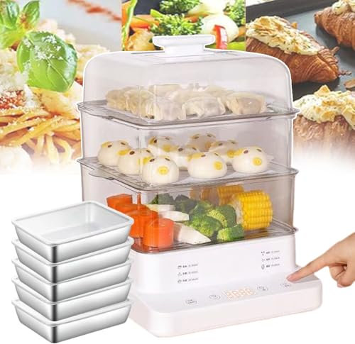 QUSYZD Vaporiera elettrica per Alimenti da 22 l + 5 contenitori in Acciaio Inox, cuociriso Staccabili, vaporiera per Alimenti a 3 Strati con Display Digitale per Uso Commerciale e Domestico,