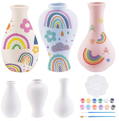 WEBEEDY 3 Set Keramik Vase Malset Regenbogenfarben Keramik Vases | Weiße Keramikvase, Für Erwachsene Anfänger, Bemale Deine Eigene Vase, Mit Farbe Und Pinseln,Moderne Decor,Halloween Christmas