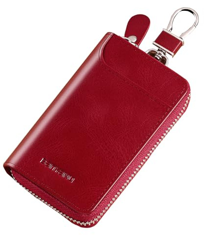 Car Key Case for Men and Women, Red Genuine Leather Card Holder Wallet Keys Pouch Organizer Bag with 6 Keychain Hooks, 3 Cards Slot (Red w/keychain)
