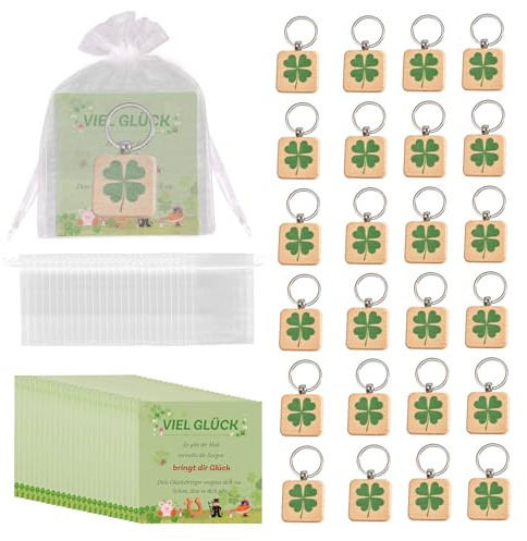 Lot de 24 porte-clés porte-bonheur en bois, trèfle à quatre feuilles, porte-bonheur, cadeau de bonne chance, avec porte-bonheur, porte-clés porte-bonheur, cartes de bonne chance, sac en filet avec