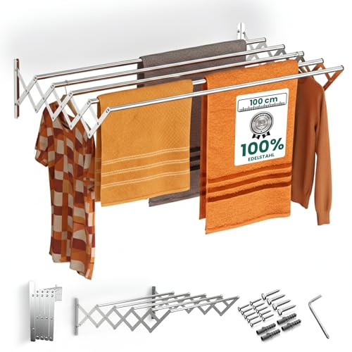 TEHORNEO Stendino da Parete 100 cm, Stendibiancheria da Parete in Acciaio Inossidabile, Stendino a Muro, Stendibiancheria a Scomparsa, Stendipanni da Muro Supporta 25 kg, 100% Acciaio Inossidabile