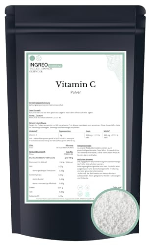 1 kg | Vitamin C Pulver | Ascorbinsäure | 40–100 Mesh | hochdosiertes Antioxidans | 100% rein & vegan | für Lebensmittel Getränke Supplemente | INGREO | 100 % reine Ascorbinsäure, vegan, ohne Zusätze – für Lebensmittel, Getränke und Supplemente