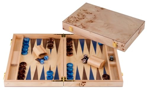 Engelhart-250553 – Backgammon in Legno 18 Pollici (45,5 cm) Valigetta Lusso Radica Noce – Aperto 52 × 45,5 cm – Blu/Marrone – Dadi e Bicchieri – Gioco di Strategia