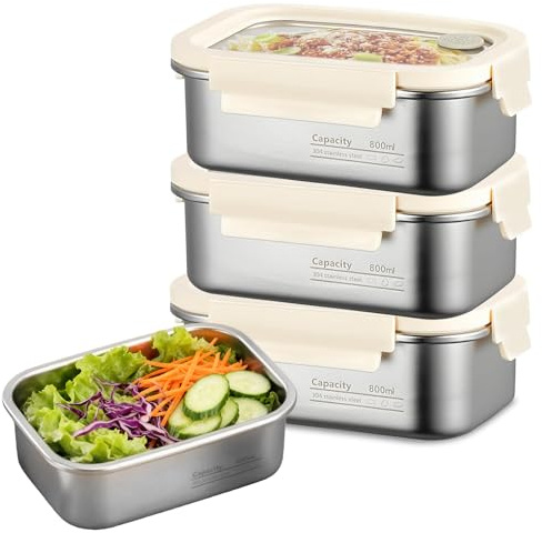 PORFOYO Meal Prep Boxen Edelstahl, 3er Set Stapelbare Frischhaltedosen mit Deckel, Auslaufsichere Brotdose Edelstahl, Wiederverwendbare Behälter mit Deckel, Stainless Steel Lunch Box 800ml