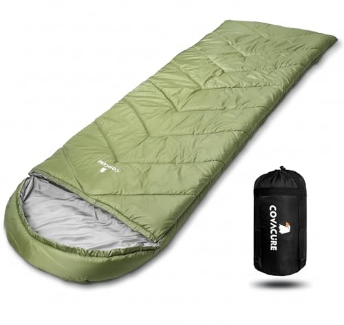 covacure Sleeping Bag, 210 * 80cm Ultra Warm & Waterproof for Adults, Green | 100% Hollow Fiber Filling, 210T Waterproof Outer Shell, Packable,with Compression Sack, for Camping/Hiking/Backpacking