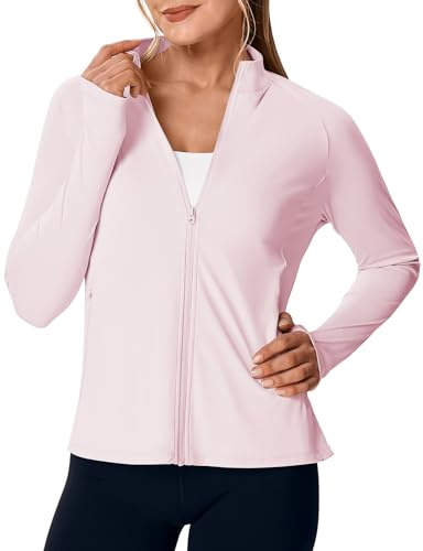 Rdruko Women's UPF 50+ Lightweight Athletic Jackets Sun Protection Full Zip Long Sleeve Packable Workout Shirts Running, Light Pinke, L
