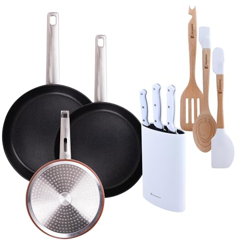 San Ignacio Set Completo AGROS - 3 Sartenes Ø24Ø28Ø30cm de Aluminio forjado, Set de cuchillos con tacoma y Utensilios de Silicona